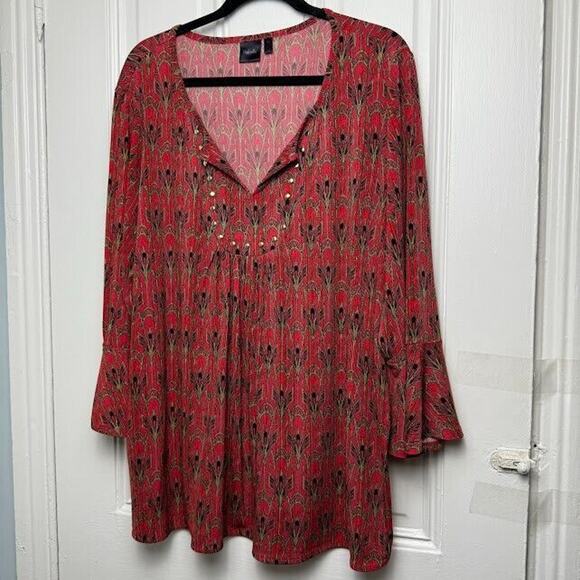 Boho Blouse Womens 3X Red Geometric Pullover Bell Sleeve V Neck Top Stretchy - Picture 1 of 7
